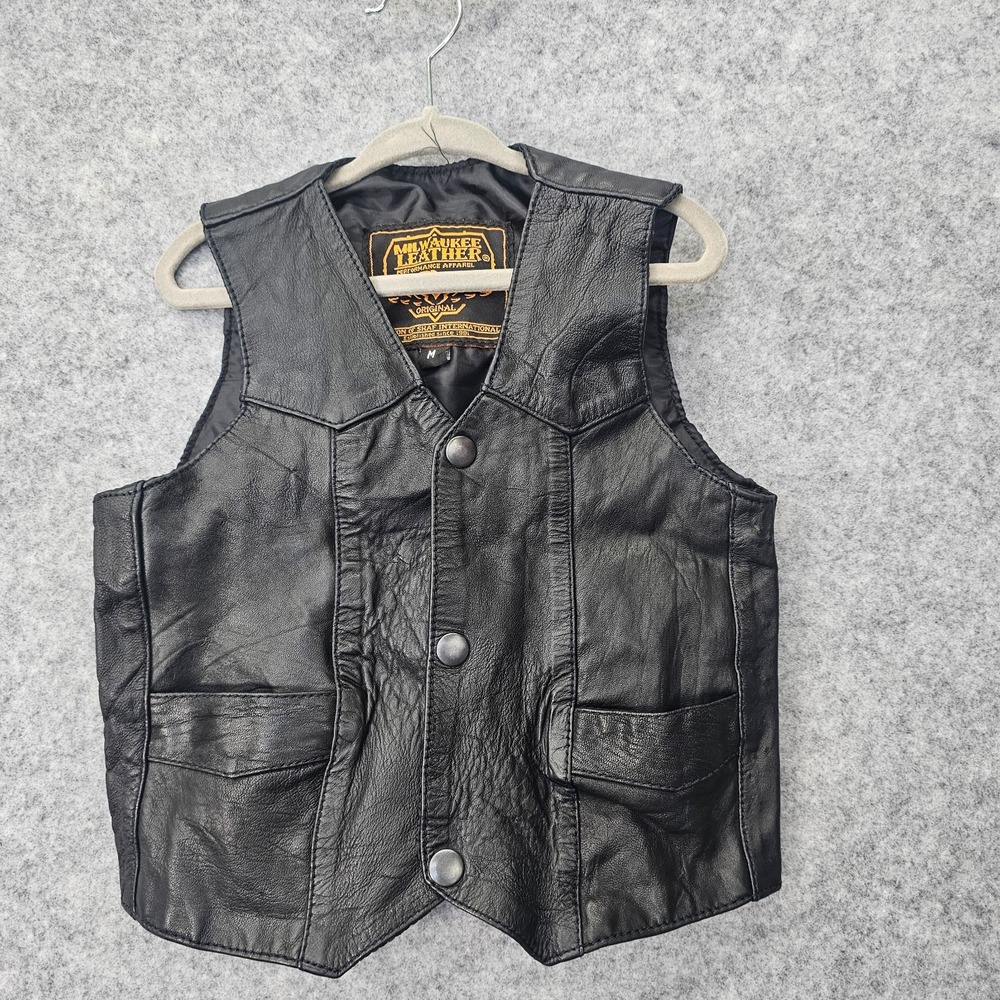 Western Leather Vest Boys 4 Black Biker Motorcycle‎ Snap Front MILWAUKEE 12x14